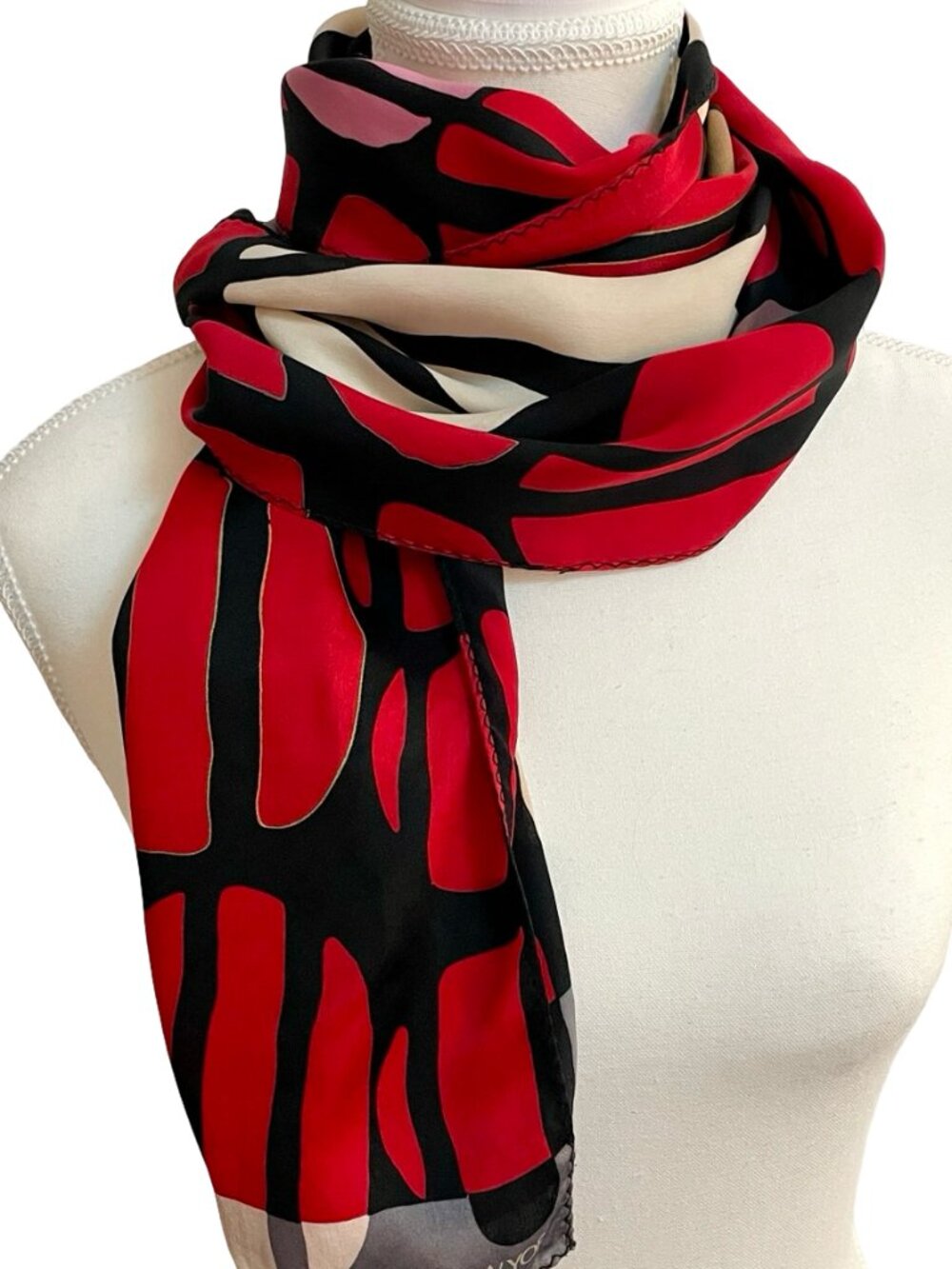 Jones New York 100% Silk Abstract Print Scarf Red Black Beige